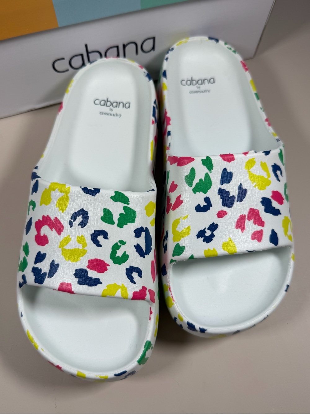 Cabana Life White Slide Sandals with Multicolor Leopard Print